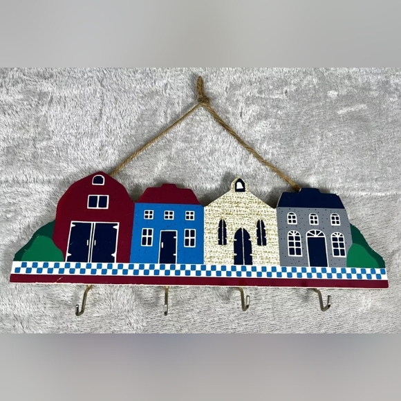 Vintage Key Holder / Leash Holder Etc w x4 Metal Hooks Farmhouse Style Wood - Picture 1 of 10
